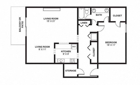 Floor plan for 1 bed, 1 bath, 1095 sqft